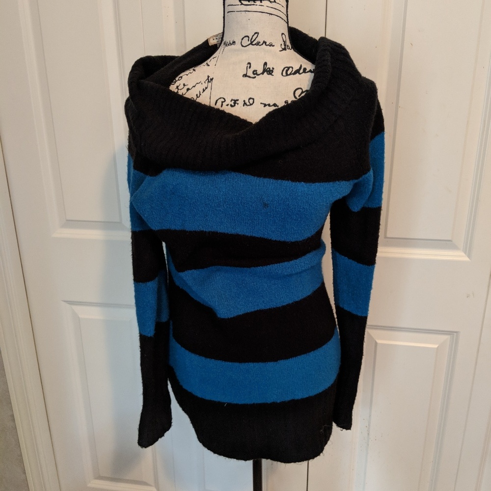Soft & Fuzzy Cowl Neck Wide Striped Tunic Sweater